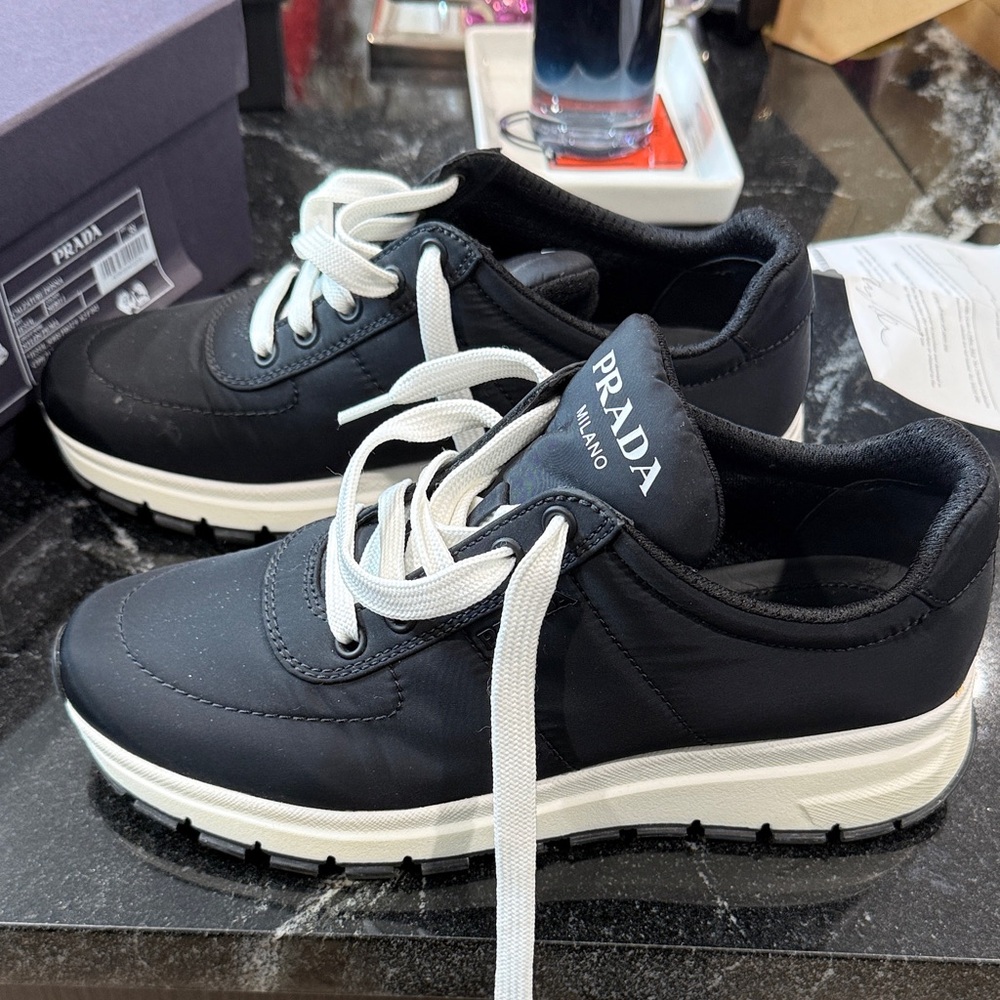 Prada Black Nylon Sneakers with White Laces and Soles